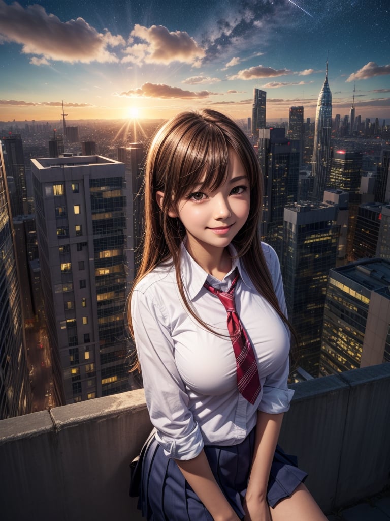 anime, school uniform,silhouette,1 busty cute face light smile girl, star (sky), cloud, cityscape, building, city, outdoors, skyscraper, city lights, night, night sky, sunset, skyline