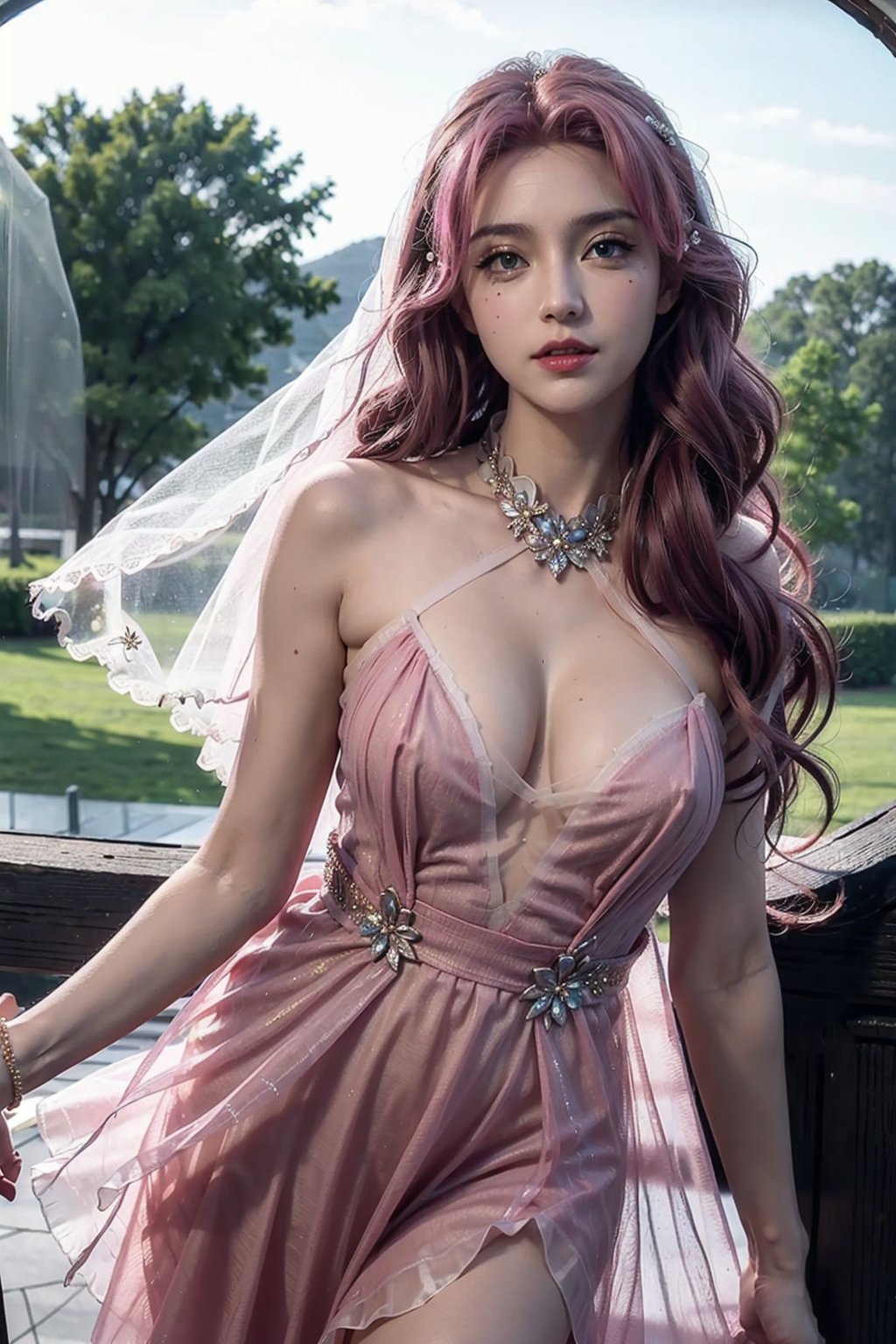 (wedding_transparent_thin_dress:1.5),(sleeveless and strapless top),(raw photo:1.2),((photorealistic:1. 4))best quality, masterpiece, illustration, an extremely delicate and beautiful, extremely detailed, CG, unit, 8k wallpaper, Amazing, finely detail, masterpiece, best quality, official art, extremely detailed CG unit 8k wallpaper, absurd, absurdly amazing, huge file size, ultra-detailed, highres, extremely detailed, extremely detailed eyes and face, beautiful detailed eyes, light on face, cinematic lighting, 1girl, top body, top body shot, (see through dress:1.5) looking at viewer,flower dome, arms behind back, magenta highlights hair, pink lips,(open dress:1.5),Mitsuri Kanroji,(show nipples:0.5)