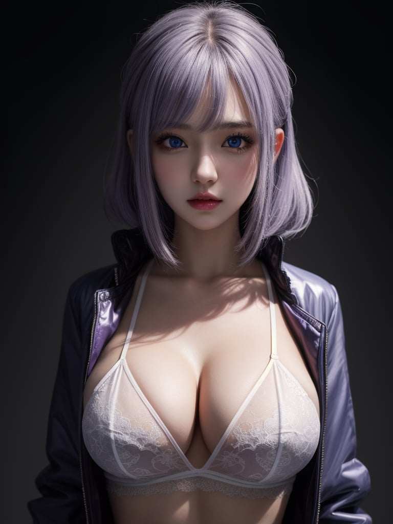 Half body shot,blue eyes,anime, 16k, high quality, high details, UHD, masterpiece,perfect eyes, prefect breasts,1 girl,(busty girl with erotic poses),(transparent see through coat),lilac messy hair,