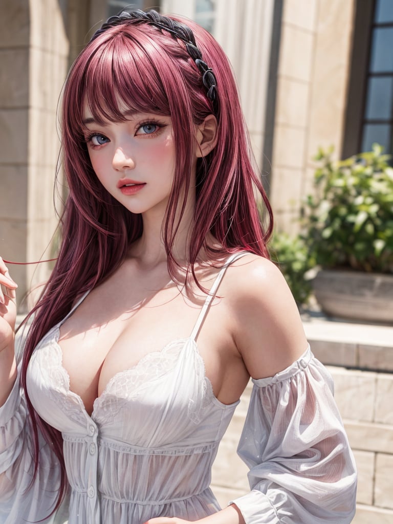 best quality,masterpiece, detailed,16k,beautiful detailed face,beautiful detailed eyes,solo,1girl,8k,magenta_hair,white_yakuta:0.9,half_breasts_out,full_body