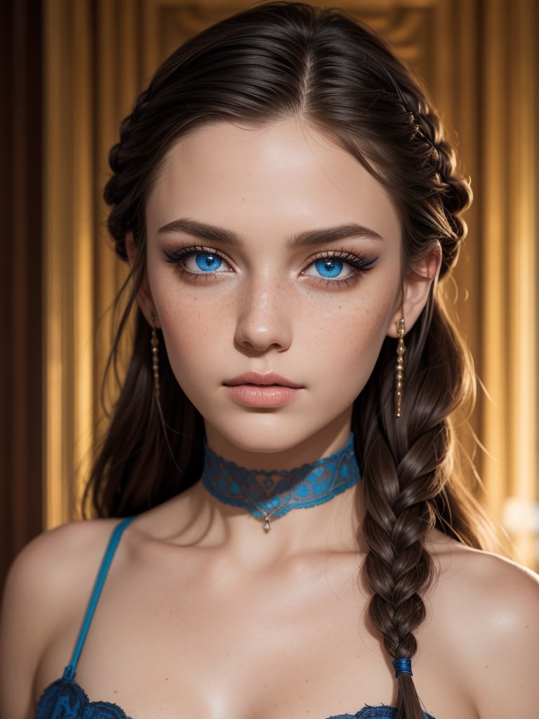 masterpiece, solo, highly detailed, ultra-detailed, ultra high res, (photorealistic:1.333), (best quality), (best shadow),detailed, perfect lighting, multicolor hair, very long hair, braids, [face freckles], (blue eyes), choker, smokey make up,  close up, portrait, in a royal palace bath hall,