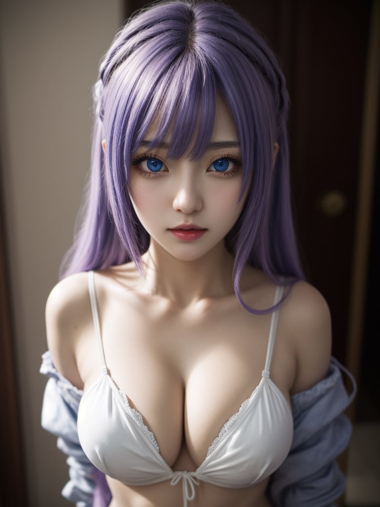 Top body,blue eyes,anime, 16k, high quality, high details, UHD, masterpiece,perfect eyes, prefect breasts,1 girl,(busty girl),(erotic anime characters cosplay),lilac messy hair,