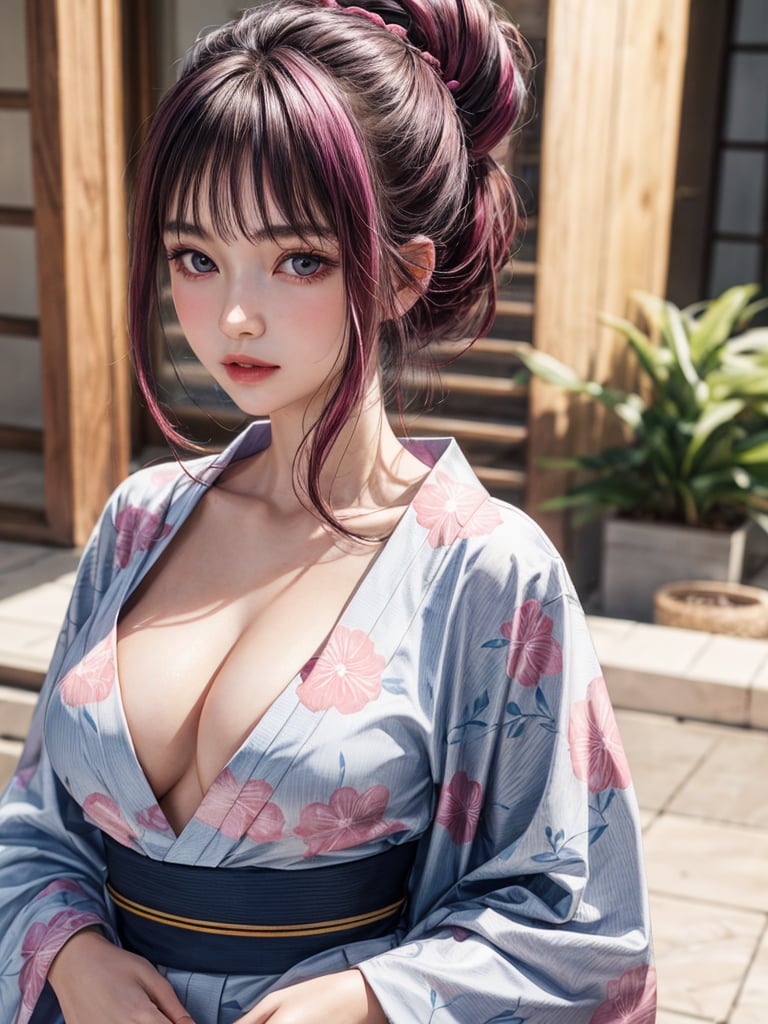 best quality,masterpiece, detailed,16k,beautiful detailed face,beautiful detailed eyes,solo,1girl,8k,magenta_hair,print_yukata,half_breasts_out,full_body