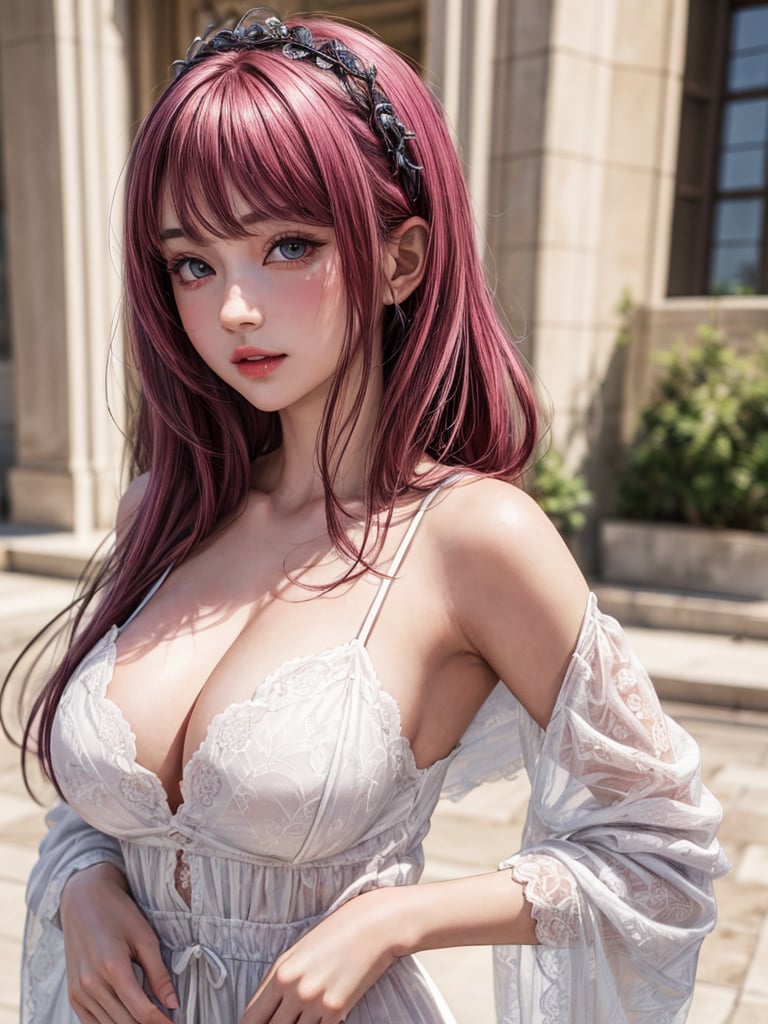 best quality,masterpiece, detailed,16k,beautiful detailed face,beautiful detailed eyes,solo,1girl,8k,magenta_hair,open_yakuta:1.3,half_breasts_out,full_body,