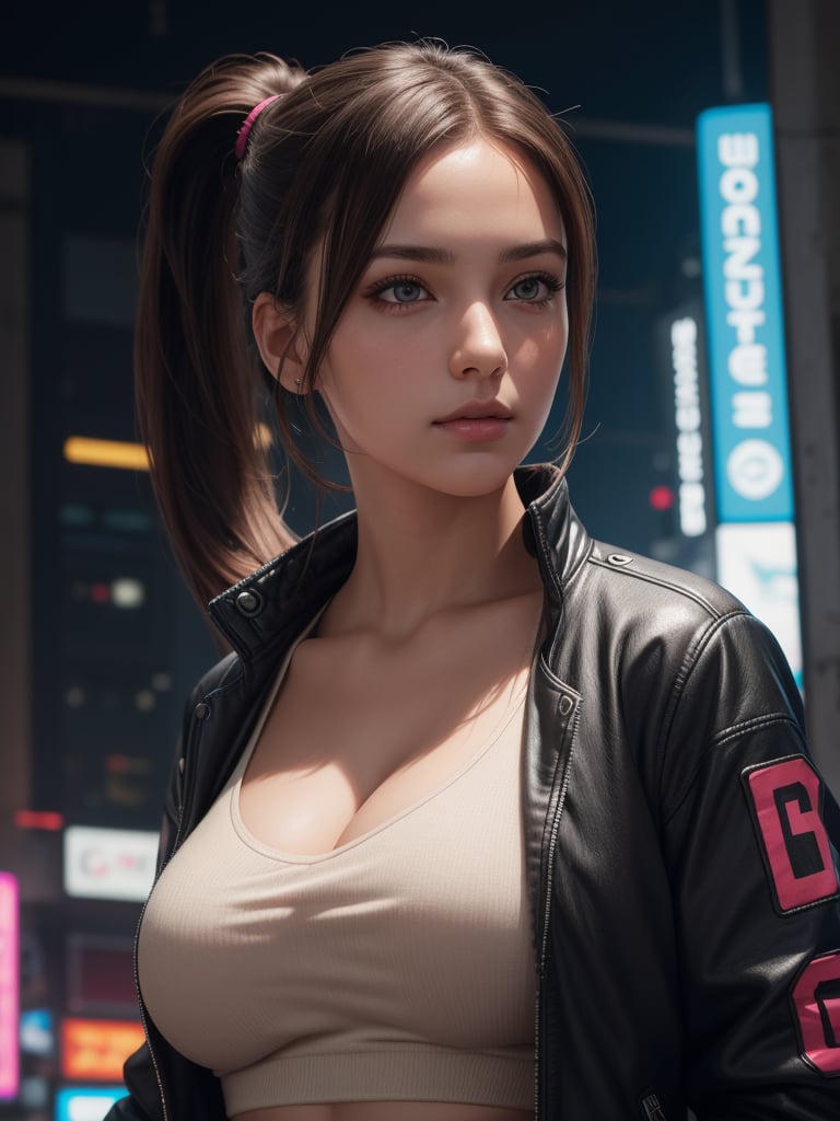 ((best quality)), ((ultra high res)), (photorealistic:1.4),upper_body,1 prefect cute face busty girl, looking at viewer, facing front, ponytail hair,cyberpunk jacket,