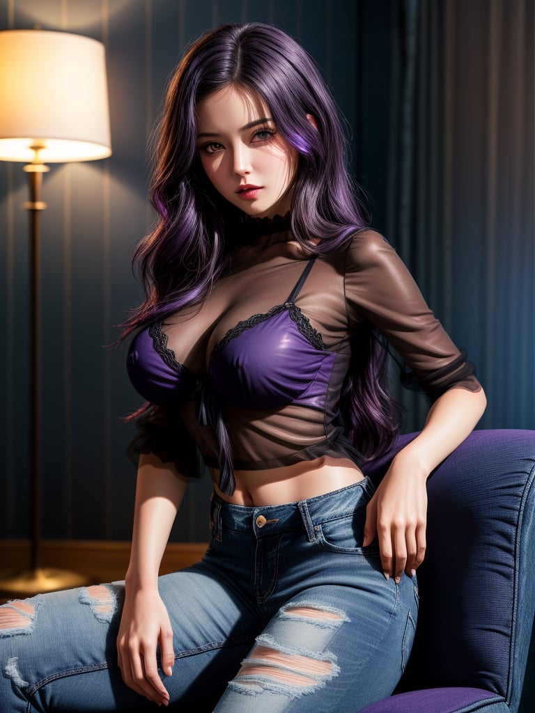 ((8k)), ((Masterpiece)), ((Best quality)), ((high-quality)), ((very detailed)), ((adult female character)), ((Right hand on face cheek)), ((Transparent sheer black shirt)),(purple bra visible through shirt),(((long jeans))), ((sitting on armchair)), ((Has only 2 hands)), ((Looking at camera)), ((Perfect face)), ((erotic face)), ((Perfect body anatomy)), ((Purple eyes)), ((dark Purple hair)), ((Long hair)), ((sheer tulle top )), ((large size breasts)), (((Detailed room background))), ((Night time)),perfecteyes