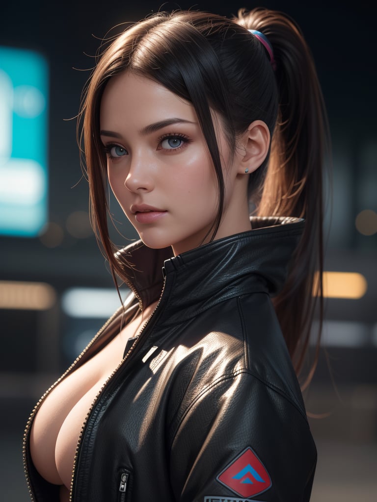 ((best quality)), ((ultra high res)), (photorealistic:1.4),upper_body,1 prefect cute face busty girl, looking at viewer, facing front, ponytail hair,cyberpunk jacket,