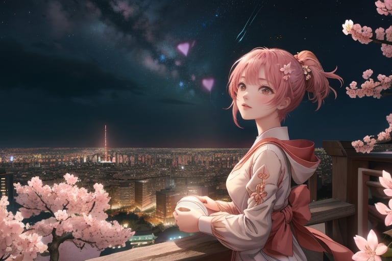 Valentine day ; 1boy , 1girl , sakura tree blossom , detailed , hd , dinamic angle lens , wide angle , windy day  ,yofukashi background,city,BiBa,night , dramatic atmosfer,night,starry sky , romantic date , happiness!, ph_rem,shortstack