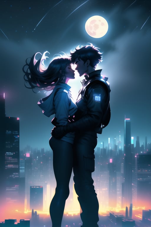  girl and boy kiss  , First person view , lanscape around a cyberpunk city, photorealistic, full moon foggy atmosphere, dark blue tints
 detailed , hd , dinamic angle lens , wide angle , windy day  ,yofukashi background,city,BiBa,night , dramatic atmosfer,night,starry sky , romantic date , happiness!, ,mecha , couple_(romantic)