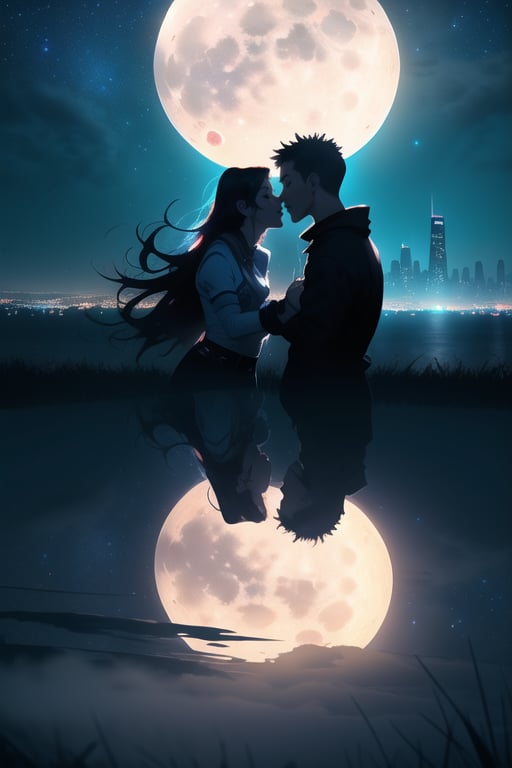  girl and boy kiss  , First person view , lanscape around a cyberpunk city, photorealistic, full moon foggy atmosphere, dark blue tints
 detailed , hd , dinamic angle lens , wide angle , windy day  ,yofukashi background,city,BiBa,night , dramatic atmosfer,night,starry sky , romantic date , happiness!, 