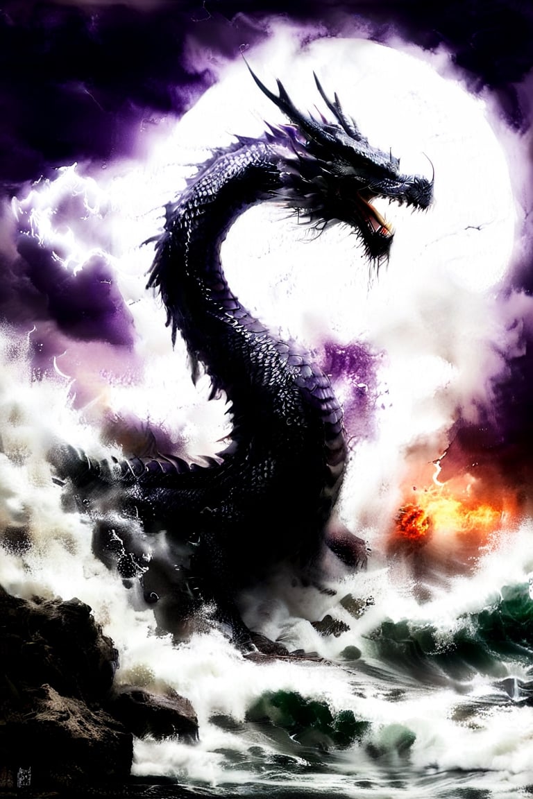 ultra-realistic photograph of a japanese dragon, full-length photo, in the style of matthias jung, kerem beyit, uhd image, 8k, authentic renderings, artgerm, purple, red and orange fire, comes out of its mouth, crimson tones, historical painting, background of a rough sea, thunderstorm lightning, a great wave, a gigantic wave,Disney pixar style,dragon,LegendDarkFantasy,Dragon,darkart,dragon chinese,chinese dragon