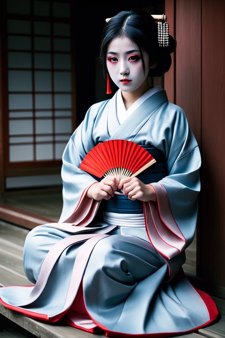 Japanese mythological ghost of a girl, Zashiki-warashi, traditional Japanese house background, creepy and adorable, beautiful girl, traditional Japanese clothes, soft lighting, cold tones, bluish gray, raised hand drawing attention, her hand carries a Japanese fan, bench and red tones and kneeling position, wide eyes big pupil, gray pupil, body portrait, full body shot, close-up, horror, dark and creepy, hyperrealism, ultra detailed 8k film frames 6000, Monster