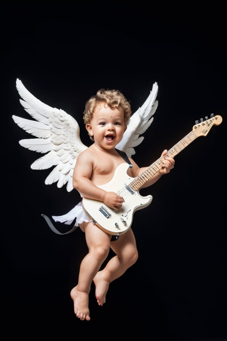 UltraRealistic photography, 8k, full body image Putto Angel Cherub with electric guitar, true children,  suspended in the air, flapping its small wings, ultra-detailed, intimate portrait composition, Leica 50mm, f1, colored,Extremely Realistic