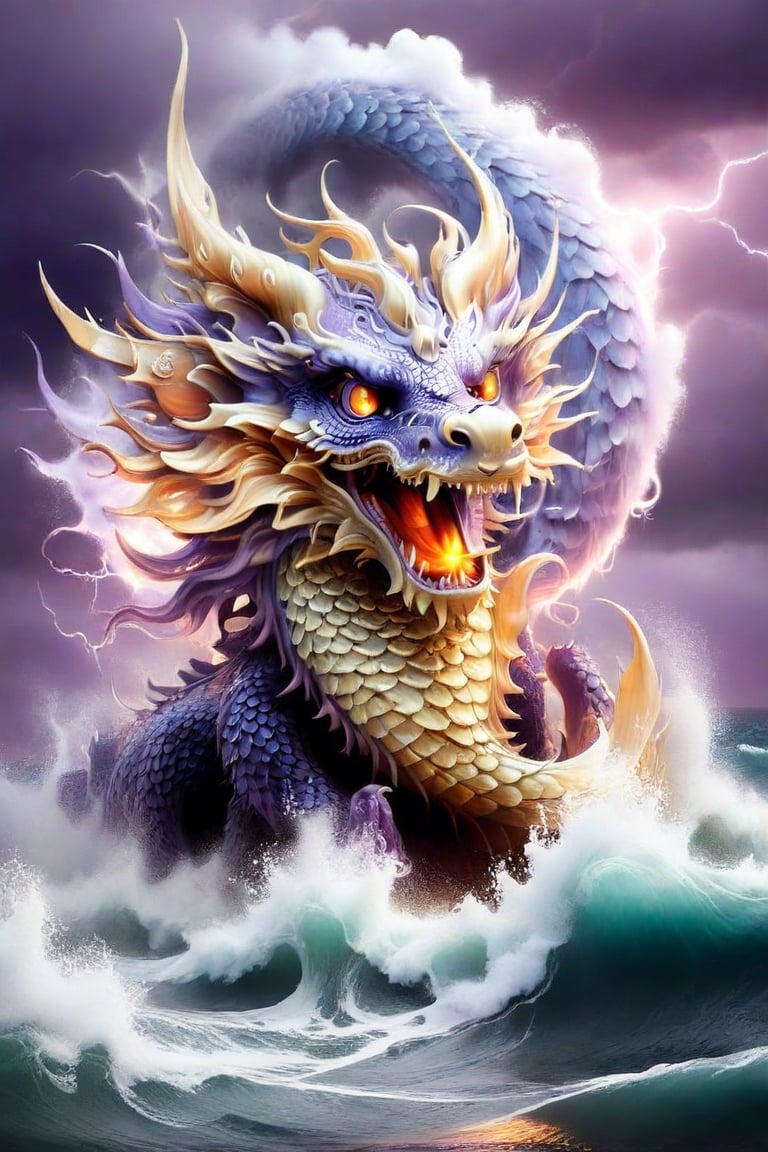 ultra-realistic photograph of a japanese dragon, full-length photo, in the style of matthias jung, kerem beyit, uhd image, 8k, authentic renderings, artgerm, purple, red and orange fire, comes out of its mouth, crimson tones, historical painting, background of a rough sea, thunderstorm lightning, a great wave, a gigantic wave,Disney pixar style,dragon,LegendDarkFantasy,Dragon,darkart,dragon chinese