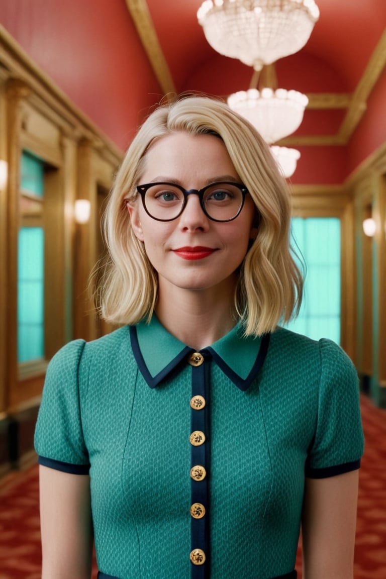 Modern, 2020s, detailed cinematic shot of a realistic film scene, blonde woman with shoulder length hair, happy in glasses looking at camera, full body shot showing intricate and detailed work, shot in the style of wes anderson and stephen king, oscar winning cinematography, stunning image captures, Meticulous attention, stunning costume design.