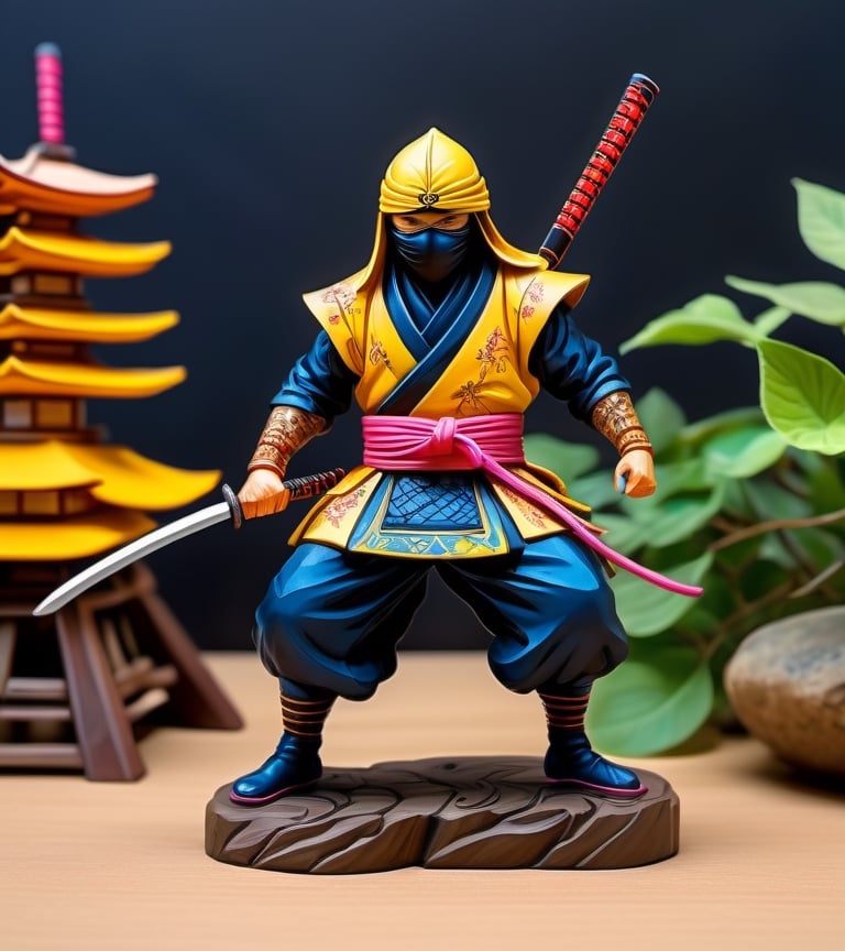 a hand-painted figurine representing a ninja man, rural Japanese, where secret ninja combat techniques are performed, art by josan gonzalez, yuna, pencil draw, cyb-3d-art,Leonardo Style,neon style,beyond_the_black_rainbow,awe_toys,Sci-fi 