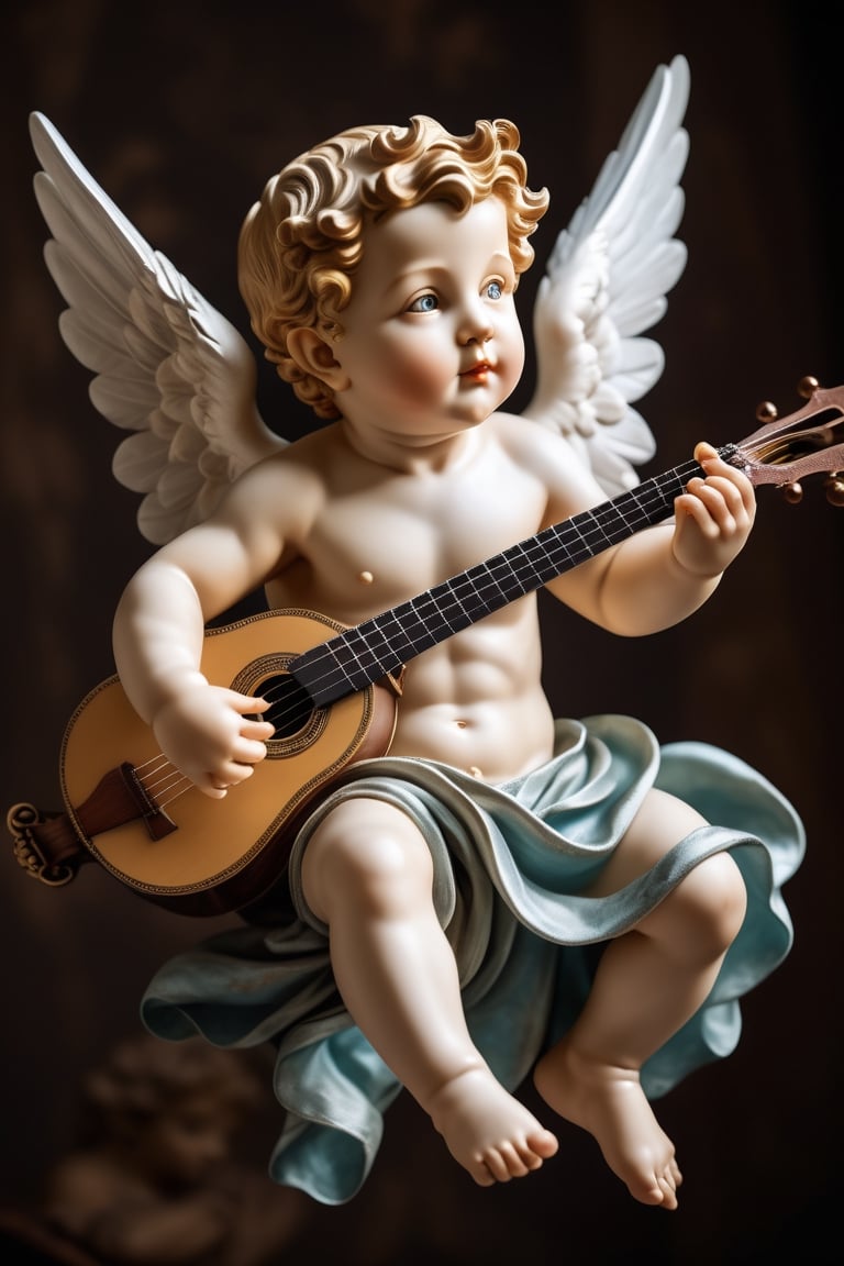 UltraRealistic photography, 8k, full body image Putto Angel Cherub with lute, suspended in the air, flapping its small wings, ultra-detailed, intimate portrait composition, Leica 50mm, f1, colored