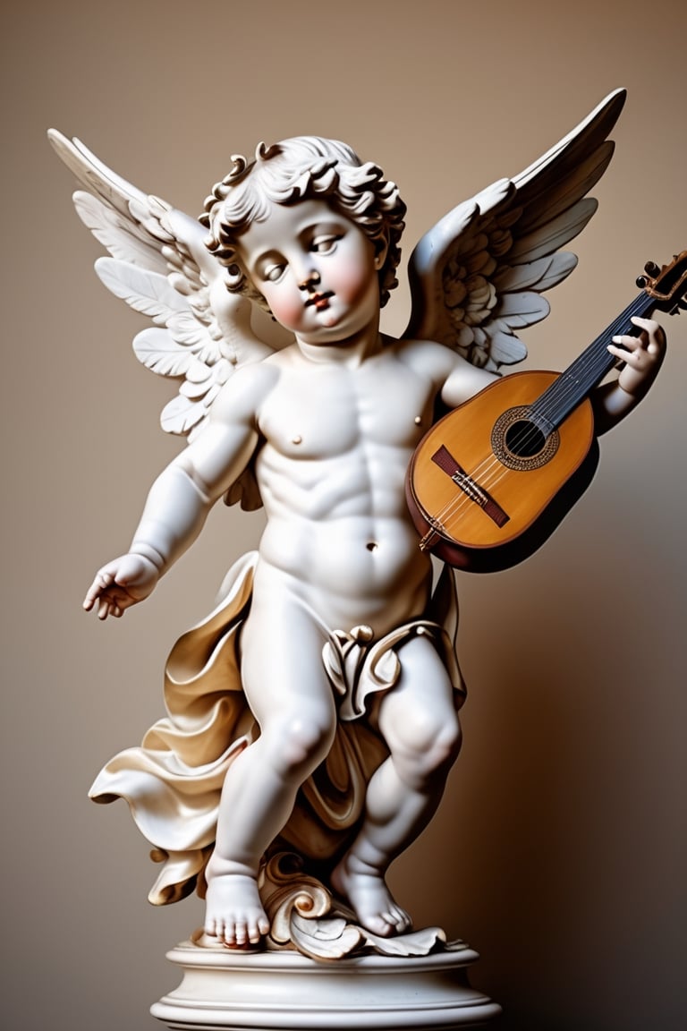 UltraRealistic photography, 8k, full body image Putto Angel Cherub with lute, suspended in the air, flapping its small wings, ultra-detailed, intimate portrait composition, Leica 50mm, f1, colored