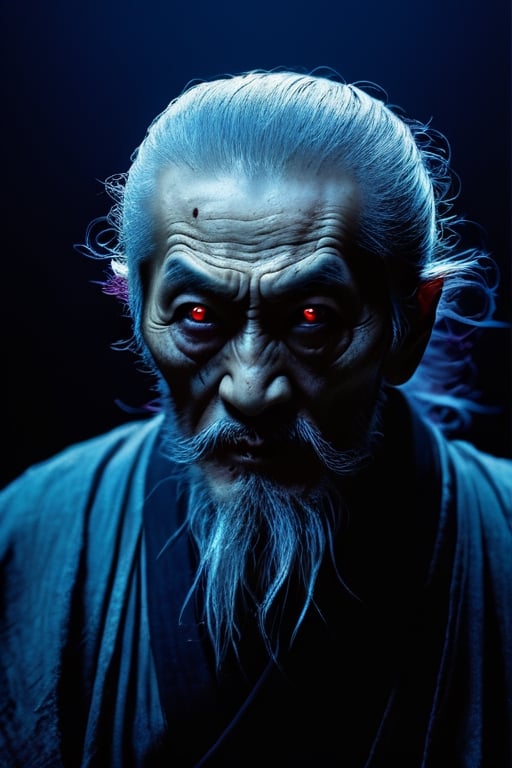 full shot, body portrait, creepy and menacing Japanese mythological ghost of an elderly ninja, scruffy beard, black background, hira ichimonji position, raised hand casting a magic spell in blue and purple tones, red pupil eyes, bloody pupil, bluish gray lighting in the face, close up, Horror, dark and creepy, hyper realism, ultra detailed 8k film frames 6000.,Monster,HellAI