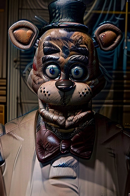 portrait commission of freddy fazbear,realistic,hyperdetailed,photorealistic,detailed face,art by greg rutkowski,trevor henderson,ross tran,artstation,deviantart,4k,western comic style,sharp lineart,professional lighting,professional shading,monster,darkart,freddy,perfect,FFIXBG, brown fur,k4k3k