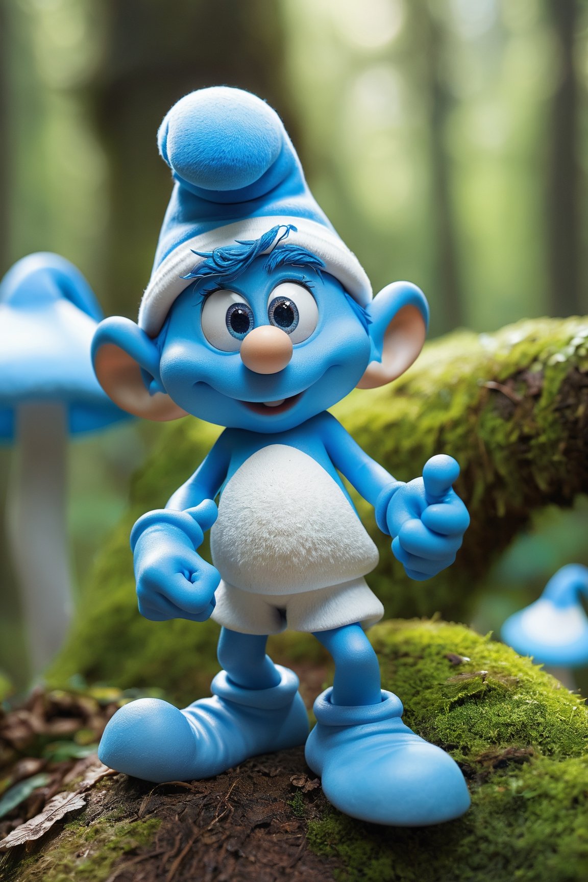 ((best quality, hdr, 32k)), cinematic shot of a miniature Smurf Digital Mascot, hyper detailed winning photograph, full body shot, Lenkaizm, intricate details, white hat, masked, bright blue eyes, forest backlight, bright skin, full body, sharp focus, sudio photo composition, unashamedly visual charming face, mushrooms that are the smurfs' houses, vivid colors