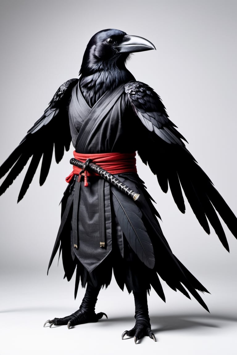 Kenku ninja crow, anthropomorphic crow, big black wings on the back, traditional ninja clothing (Shinobi Shozoku),high detail, sharp focus, monster, science fiction