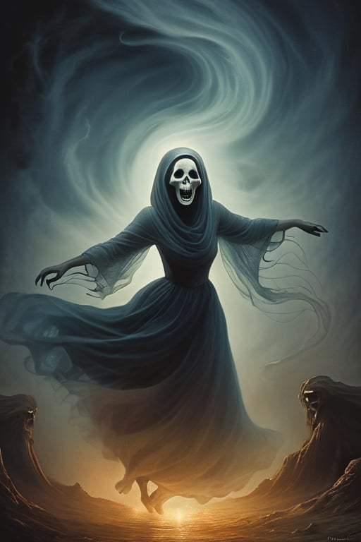Illustrate the traveler and the ghostly figure locked in a dance, their forms swirling in a ghastly waltz. Emphasize the traveler's expression of fear. 14526075
,Monster,HellAI,ghost
