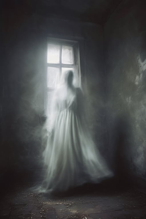 Illustrate the traveler and the ghostly figure locked in a dance, their forms swirling in a ghastly waltz. Emphasize the traveler's expression of fear. 14526075
,Monster,HellAI,ghost