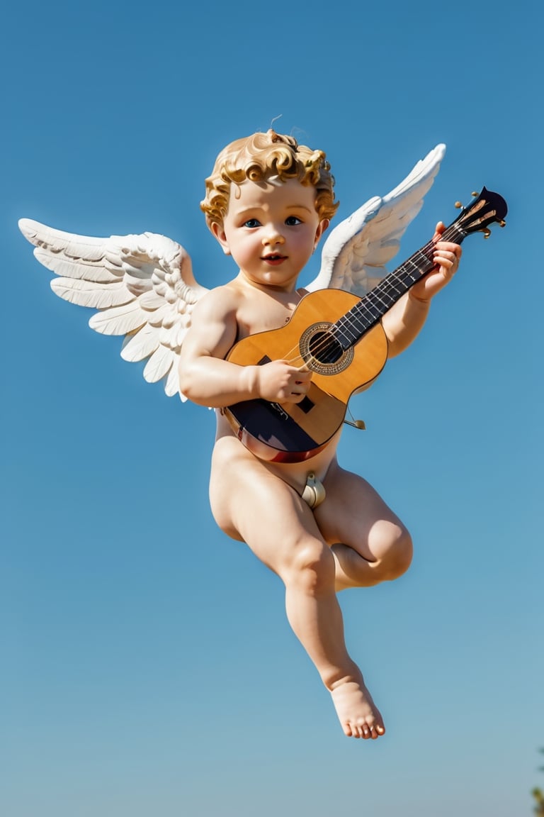 UltraRealistic photography, 8k, full body image Putto Angel Cherub with lute, suspended in the air, flapping its small wings, ultra-detailed, intimate portrait composition, Leica 50mm, f1, colored,Extremely Realistic