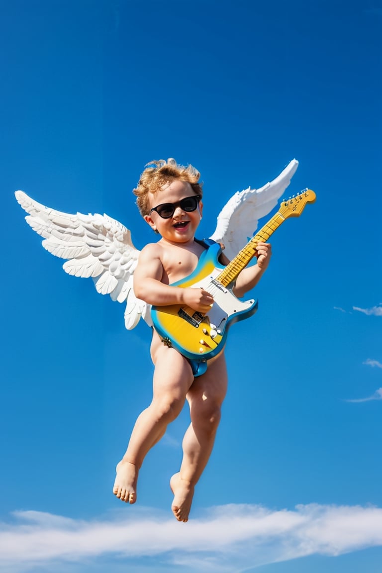 Ultra-realistic photography, 8k, full-length image Putto Angel Cherub with electric guitar, children, real_children, sunglasses, ((suspended in the air, flying, flapping its small wings: 1.6)), in the background the blue sky of a day sunny, intimate and ultra-detailed portrait composition, Leica 50mm, f1, colored, extremely realistic