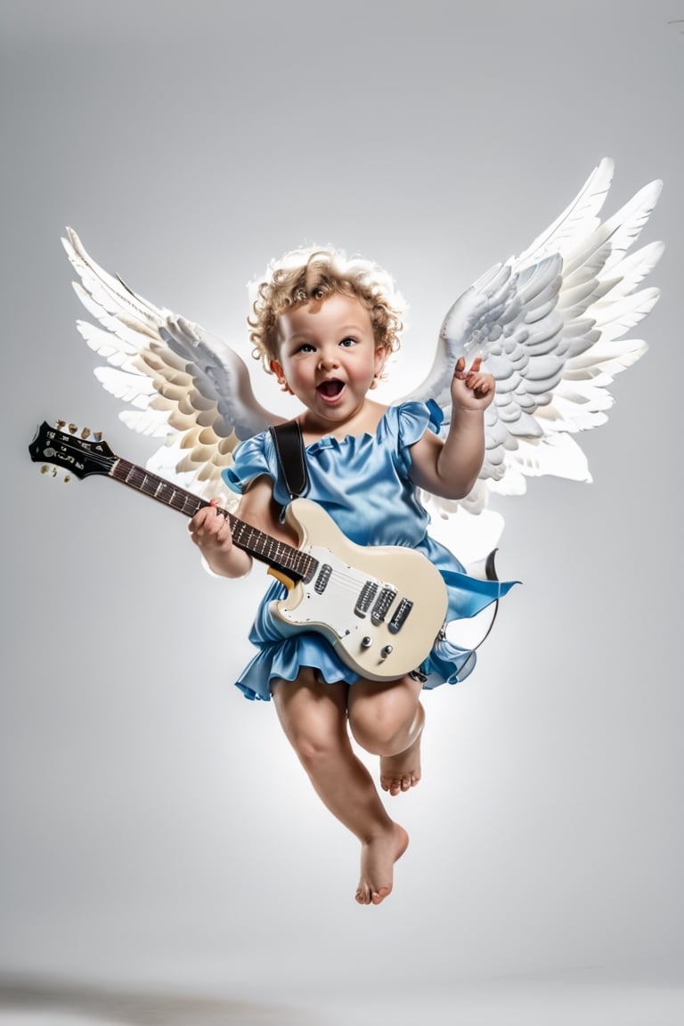 UltraRealistic photography, 8k, full body image Putto Angel Cherub with electric guitar, children, true_children,  suspended in the air, flapping its small wings, ultra-detailed, intimate portrait composition, Leica 50mm, f1, colored,Extremely Realistic