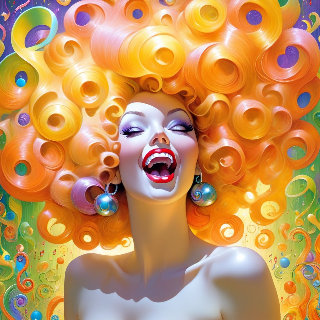 (full body photo:1.5), MULTIPLE curvy women, singing into 1 vintage microphone, adult faces, masterpiece, best quality, beautiful detailed eyes, (Yellow purple to orange fade hair, blue eyes), (short red hair, green eyes), parted lips, smiling, extremely detailed, large breasts, insane details, intricate details, hyperdetailed,kissing each other, Pencil dresses, eyeshadow, lipstick, music notes swirl around them, waves of color, retrofuturism, , ojou curls, floofy bob,