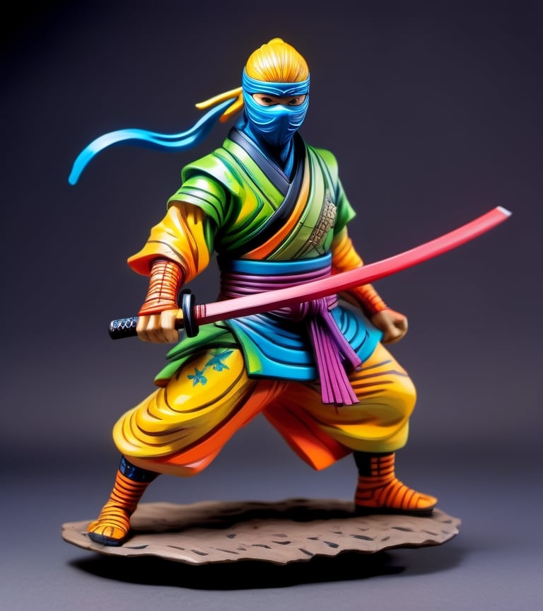 a hand-painted figurine representing a ninja man, rural Japanese, where secret ninja combat techniques are performed, art by josan gonzalez, yuna, pencil draw, cyb-3d-art,Leonardo Style,neon style,beyond_the_black_rainbow,awe_toys