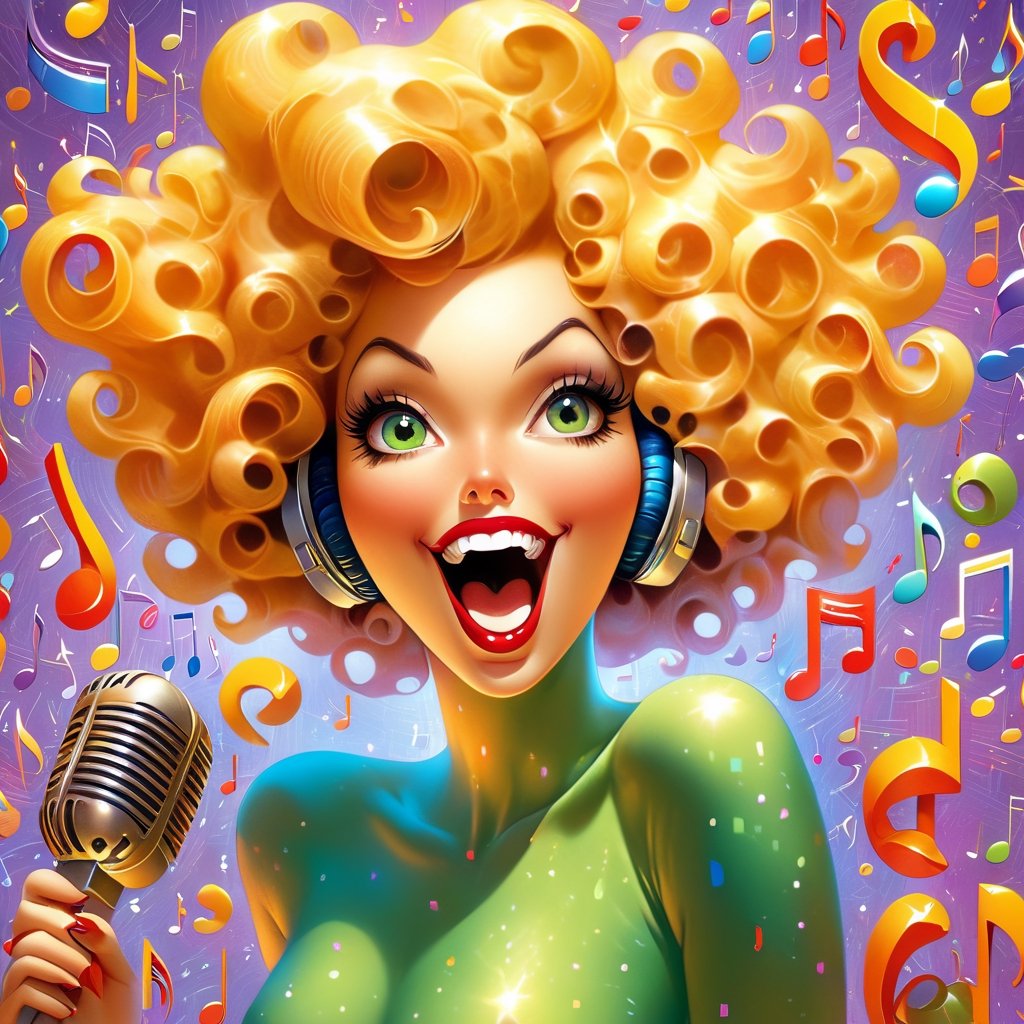 (full body photo:1.5), MULTIPLE curvy women, singing into 1 vintage microphone, adult faces, masterpiece, best quality, beautiful detailed eyes, (Yellow purple to orange fade hair, blue eyes), (short red hair, green eyes), parted lips, smiling, extremely detailed, large breasts, insane details, intricate details, hyperdetailed,kissing each other, Pencil dresses, eyeshadow, lipstick, music notes swirl around them, waves of color, retrofuturism, , ojou curls, floofy bob,