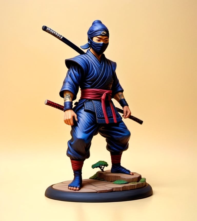 a hand-painted figurine representing a ninja man, rural Japanese, where secret ninja combat techniques are performed, art by josan gonzalez, yuna, pencil draw, cyb-3d-art