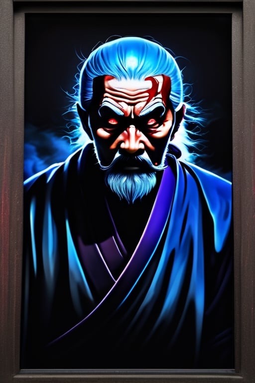 full shot, body portrait, creepy and menacing Japanese mythological ghost of an elderly ninja, scruffy beard, black background, hira ichimonji position, raised hand casting a magic spell in blue and purple tones, red pupil eyes, bloody pupil, bluish gray lighting in the face, close up, Horror, dark and creepy, hyper realism, ultra detailed 8k film frames 6000.
