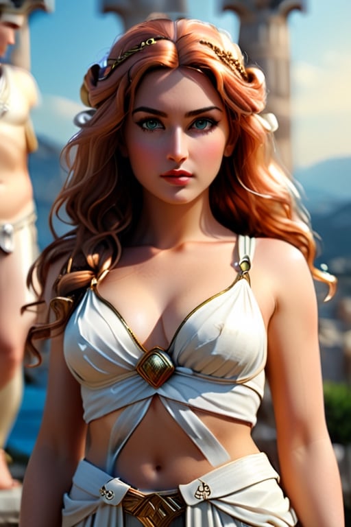 female dressed as aphrodite, greek goddess, roman empire in background, full body visible, looking at viewer, portrait, photography, detailed skin, realistic, photo-realistic, 8k, highly detailed, full length frame, High detail RAW color art, diffused soft lighting, shallow depth of field, sharp focus, hyperrealism, cinematic lighting