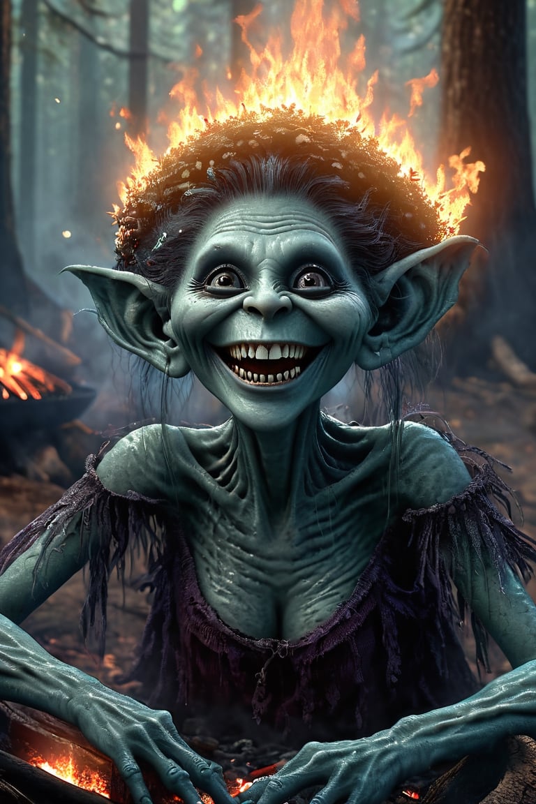 Friendly fantasy troll, slim, humanoid face, female, long thin hanging ears, highly detailed face, grinning, looking into the camera, sitting at a camp fire, handing a mushroom into the camera, portrait, fantasy art, dark fir forest, dark fantasy, detailed, 3d fractals, light particles, shimmering light, surreal, shimmering, perfect composition, detailed, insanely detailed, octane render trending on artstation, 8 k artistic photography, photorealistic concept art, soft natural volumetric cinematic perfect light,monster,HellAI