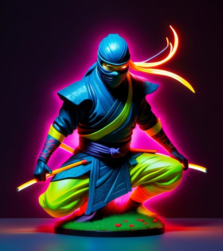 a hand-painted figurine representing a ninja man, rural Japanese, where secret ninja combat techniques are performed, art by josan gonzalez, yuna, pencil draw, cyb-3d-art,Leonardo Style,neon style,beyond_the_black_rainbow