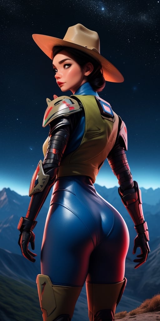 Masterpiece, analog style, bldrnrst, (35mmstyle:1), film-like, rear angle photo of (effortlessly beautiful [cyborg| woman] space outlaw, wearing white latex booty shorts and [Cyberpunk| Dieselpunk] red vest armor, accentuated booty), ((cowboy hat)), (perfect face: 1.2), looking back at viewer, (detailed skin), realistic skin texture, [[imperfect skin]], fine details, BREAK (standing on brink of tall mountain with grand and imposing tropical rainforest on alien planet in the background), (sci-fi), (mountains: 1.1), lush green vegetation, vivid details, beautiful colors, [ambient light], (two moons and majestic galaxy in the night sky above in background), [fantasy| scifi]_(setting), BREAK (lens flare: 0.7), (bloom: 0.6), particle effects, beautiful cinematic light, shallow depth of field, photographed on a Hasselblad X1D II 50c, 90mm f/2. 8 cine lens, sharp focus, cinestill 800T, (highly detailed, intricately detailed), HDR, 8k, cinematic film still from [gravity| westworld], from behind, big ass,aw0k euphoric style,SAM YANG,3DMM,mature female