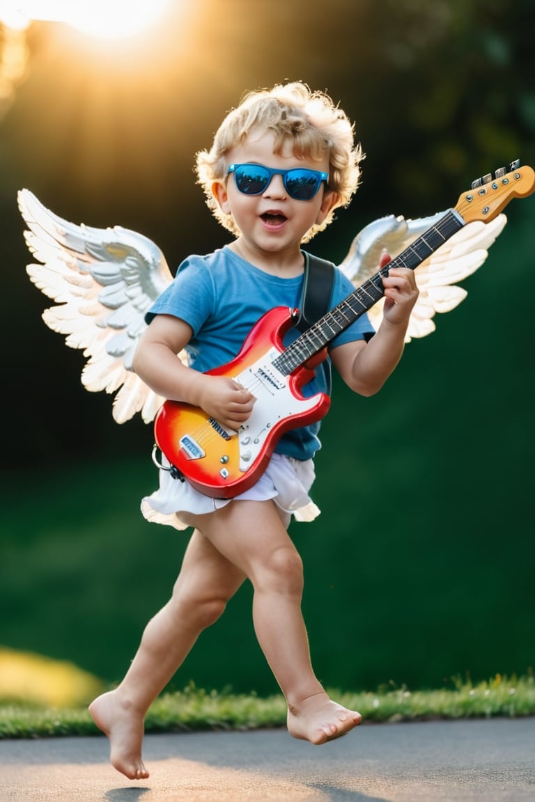 UltraRealistic photography, 8k, full body image Putto Angel Cherub with electric guitar, children, true_children, sun glasse, gsuspended in the air, flapping its small wings, ultra-detailed, intimate portrait composition, Leica 50mm, f1, colored,Extremely Realistic