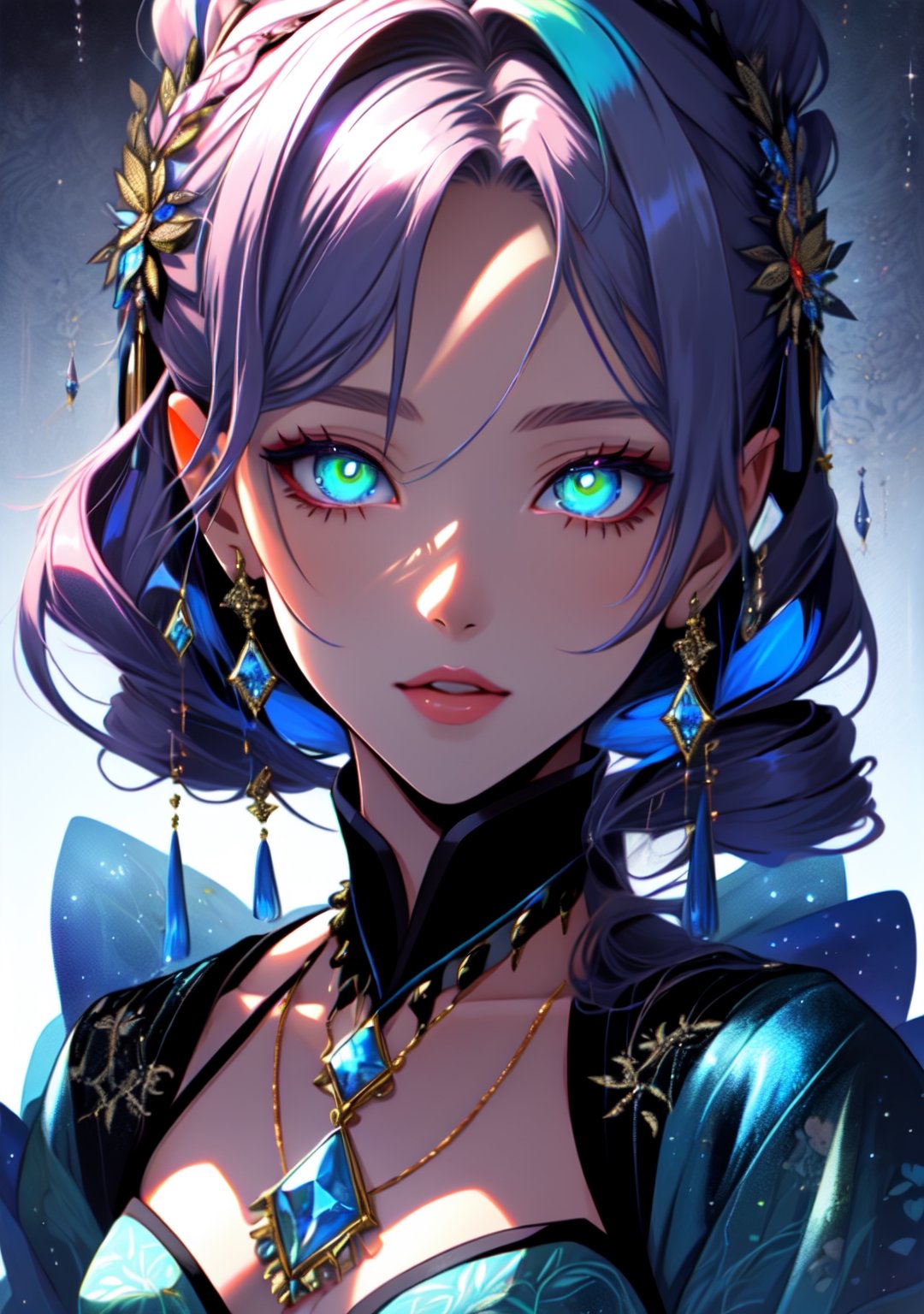 She has multi-colored hair, luminous eyes and dresses in dresses that change color with each song or painting, masterpice, very detailed, handsome, 1girl, detailed face, ilustration 