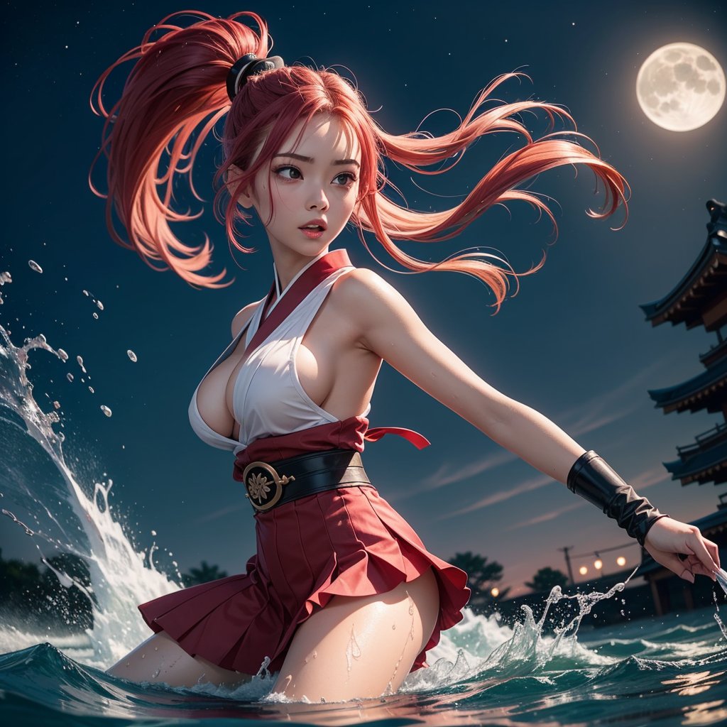 18 yo girl,(1 busty girl),solo,erotic samurai suit, braid ponytail magenta highlights hair,roof,night,moonlight,attack poses with water tornado splashing around the girl,water streaming,water splashing, japanese martial arts attack poses,