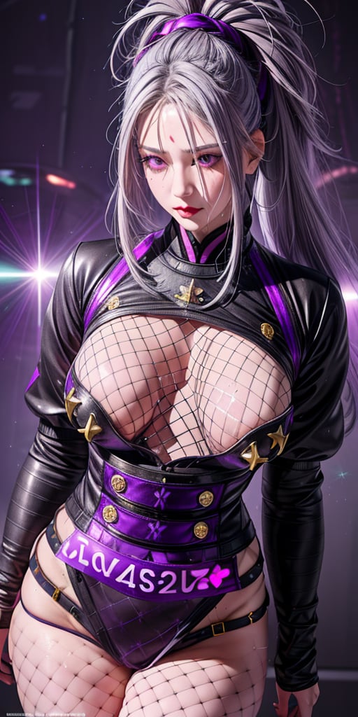 (1girl), 1girl, grey hair, multicolored hair, purple eyes, sparkle eyes ,mask on face, sidelighting, light particles, wallpaper,full pose,fantasy, wide lens angle, uniforms, grey hair, purple eyes, (large breasts), (sweat),  sweaty,fishnets , big bootm , big_breast
