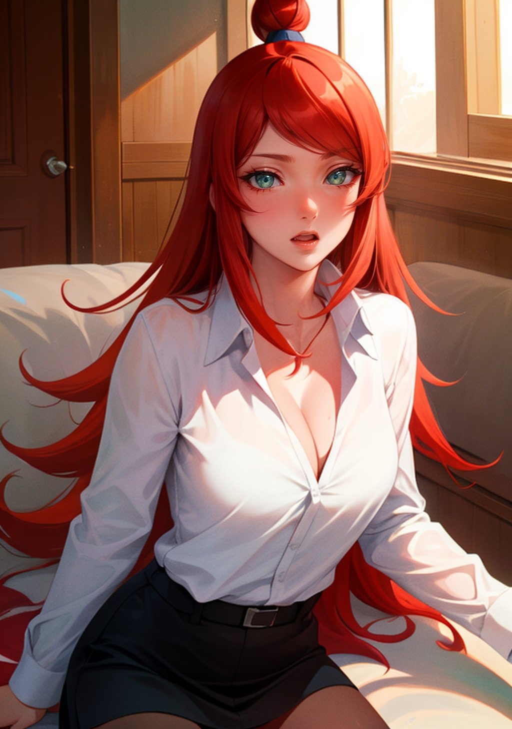 1girl, red hair, bun, ((green eyes)), white shirt, collared shirt, black skirt, thighhihs, cleavage, ((mei terumi)), ((detailed face and eyes)), perfect eyes, intrincate details, masterpiece, best quality, 4K, HDR, cinematiclighting