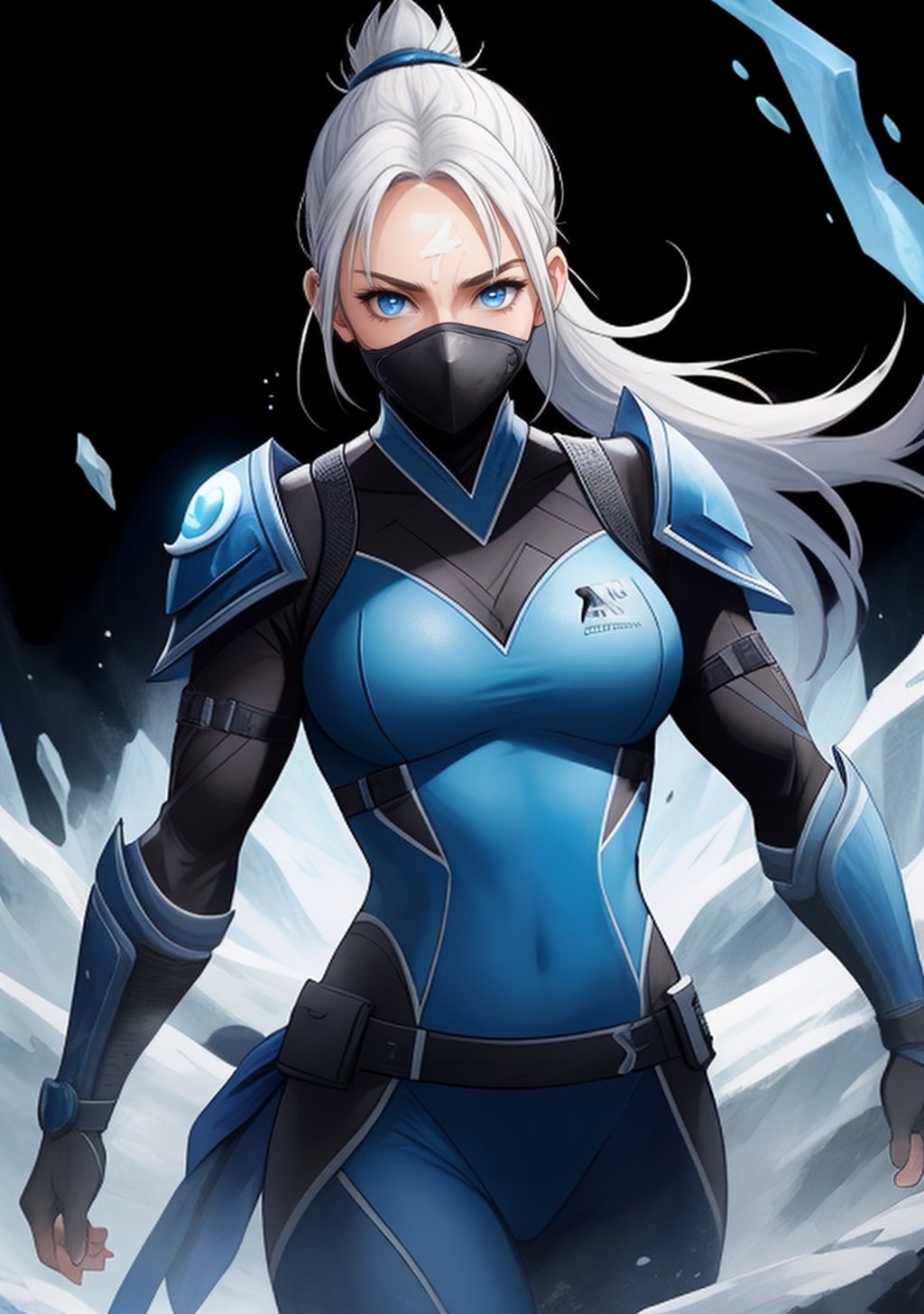 1 girl, caucasian, white hair, ((mid facial mask)), ponytail, blue eyes, ((black and blue ninja suit)), ((mortal kombat's sub-zero's suit)), big breast, narrow waist, wide hips, holding an ice dagger, highly detailed, cinematic, sublime, sharp focus, extremely fine detail, glowing rich colors, intricate, badass, criomancer, ice landscape background, glowing eyes, lin-kuei logo