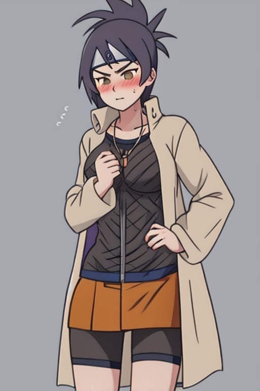 (zipping), (jacket_tug), 1girl, track jacket, white shirt, sweat, blush, mitarashi anko, forehead protector, necklace, trenchcoat, mesh top, mesh shorts, orange skirt