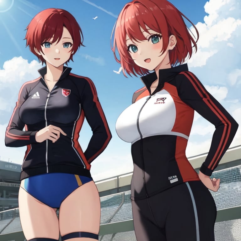 waifu, red hair, sport suit, short hair, medium breast, beatiful