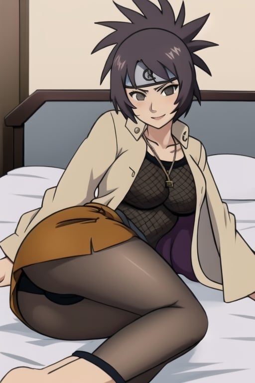 Sexy, anime, ass, sensual and seductive pose, cute, sexy, hot, laying in bed, mitarashi anko, forehead protector, necklace, trenchcoat, mesh top, mesh shorts, orange skirt