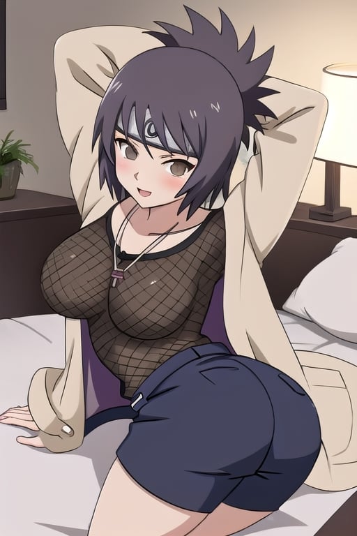 Sexy, anime, ass, sensual and seductive pose, cute, sexy, hot, laying in bed, mitarashi anko, forehead protector, necklace, trenchcoat, mesh top, mesh shorts, orange skirt